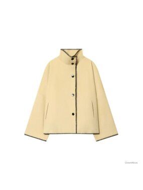 Cropped Wool Blend Pea Coat Stand Collar Button Down Jacket